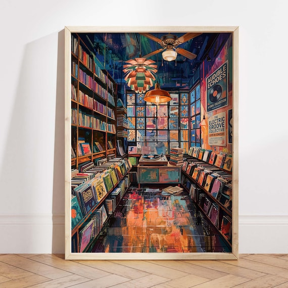 Retro Vinyl Record Store, Vintage Music Print