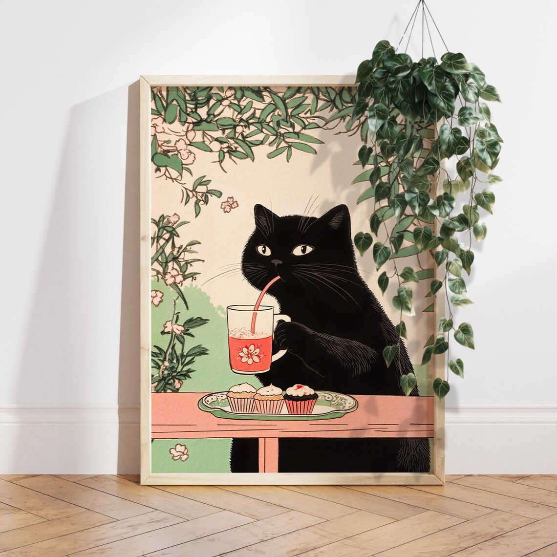 Black Cat Tea Time With Cupcakes Japanese Floral Art Wall Poster