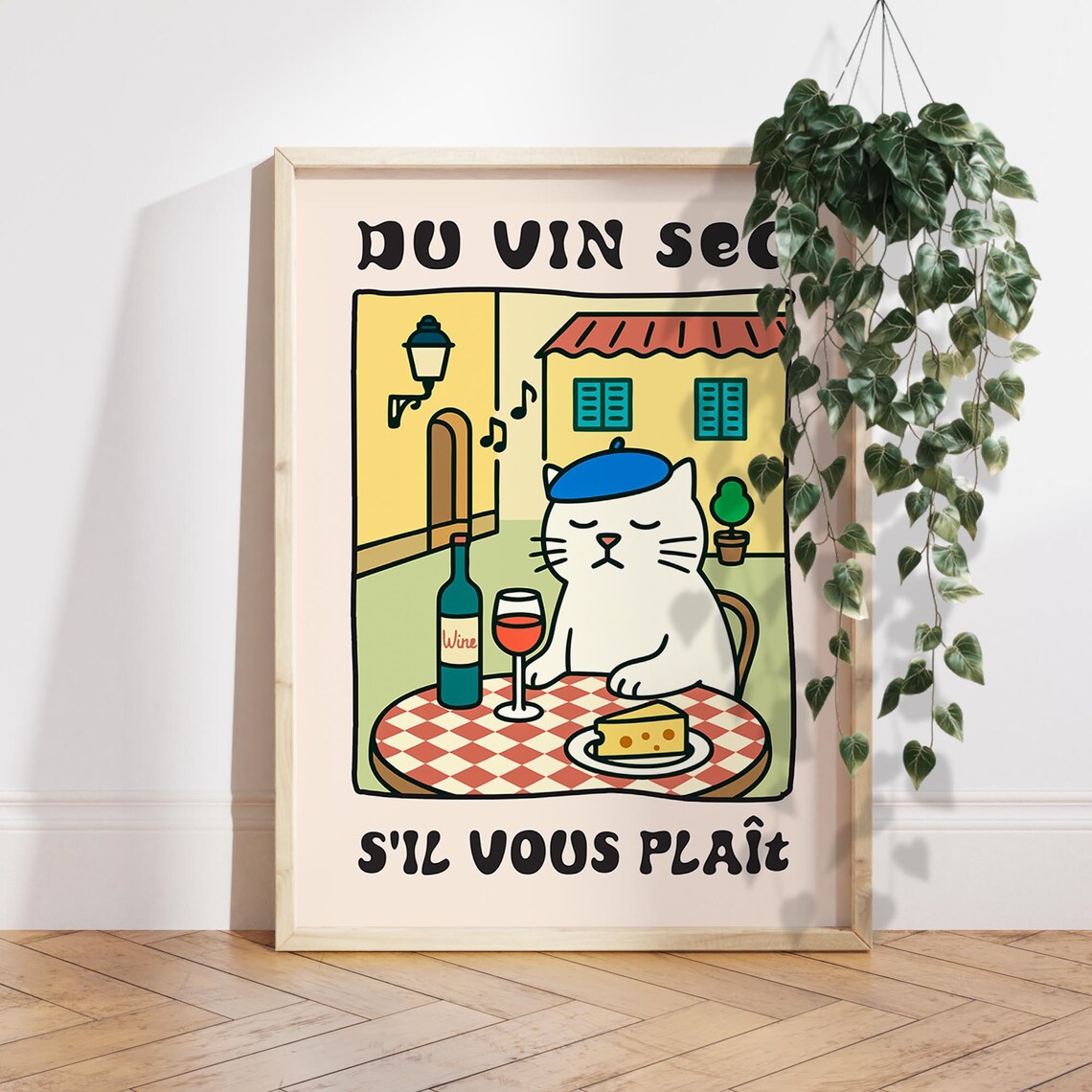 French Wine Cat Poster Print, Parisian Kawaii Decor