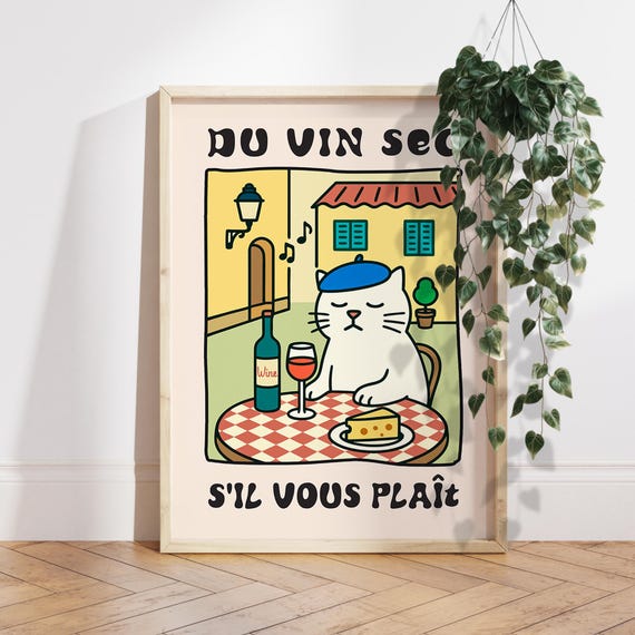 French Wine Cat Poster Print, Parisian Kawaii Decor