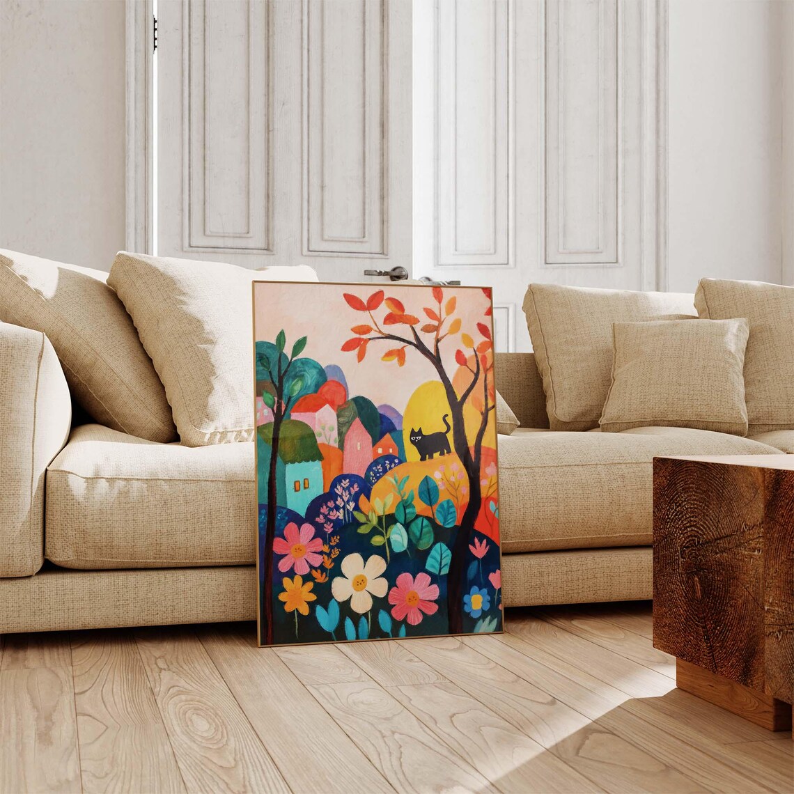 Black Cat In Matisse Inspired Autumn Village Garden Colorful Art Poster - Image 4