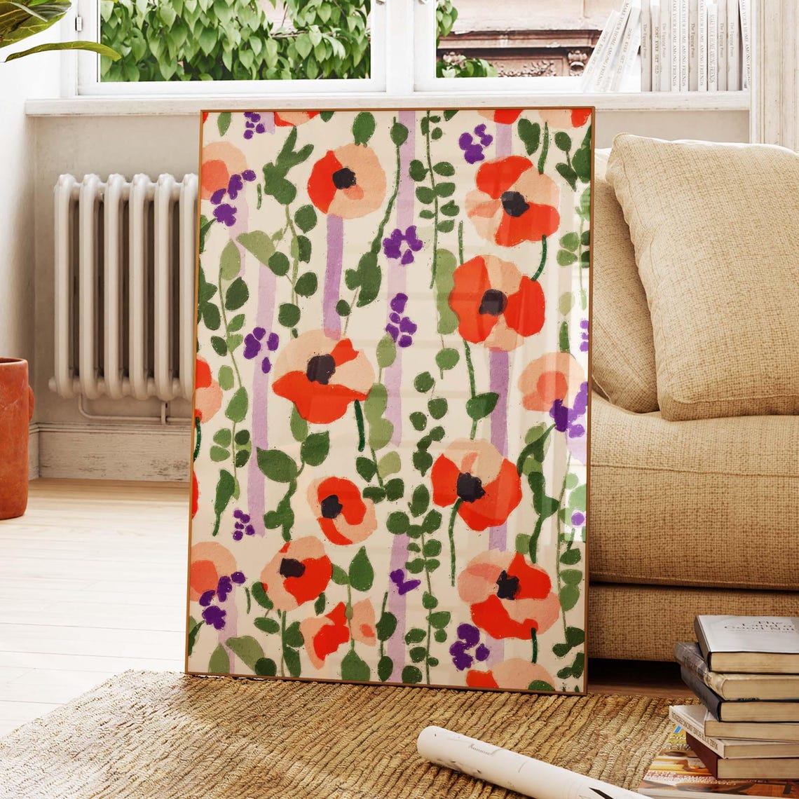 Matisse Inspired Coral Poppy Pattern On Cream Botanical Floral Poster