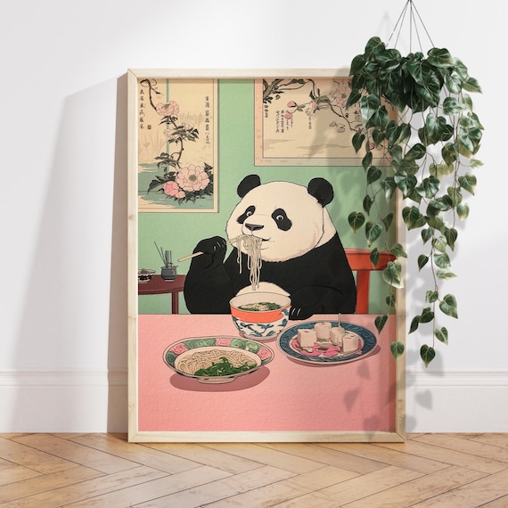 Panda Eating Noodles Japan Minimalist Art Print
