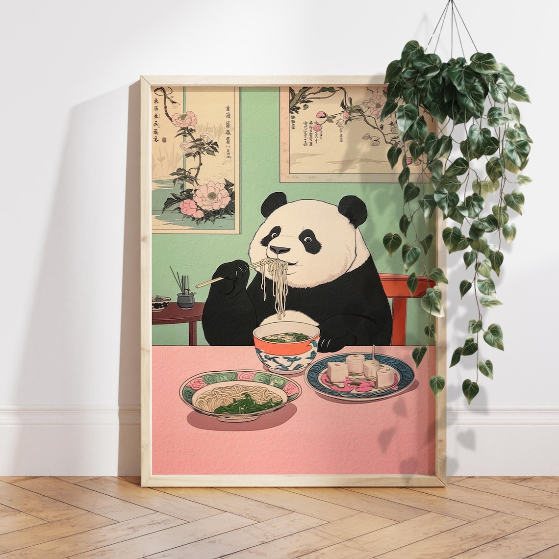 Panda Eating Noodles Japan Minimalist Art Print