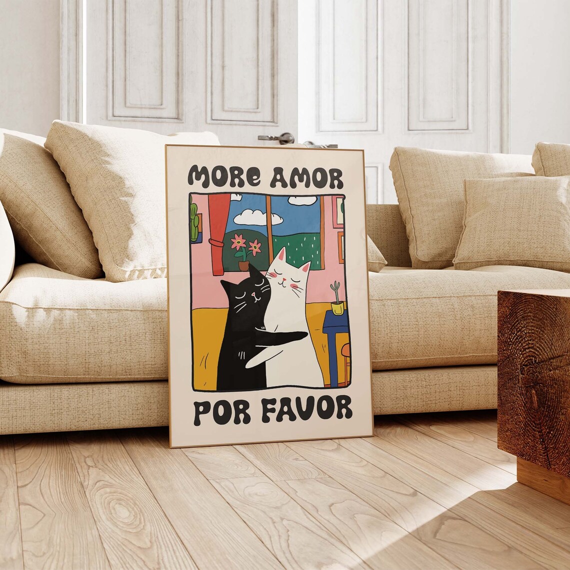 More Amor Por Favor Hugging Black And White Cats Retro Love Poster - Image 2