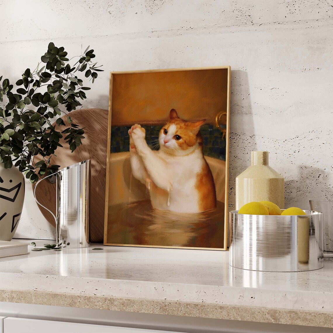 Orange Cat With Paws Up In A Vintage Bathtub Oil Painting Poster - Image 2