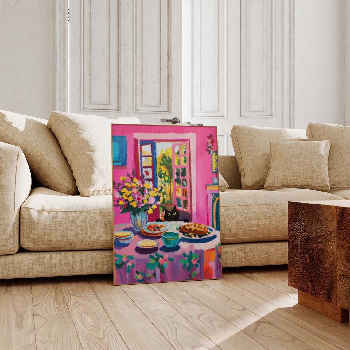 Black Cat Peeking At Pink Matisse Inspired Dining Table With Flowers Poster - Image 3