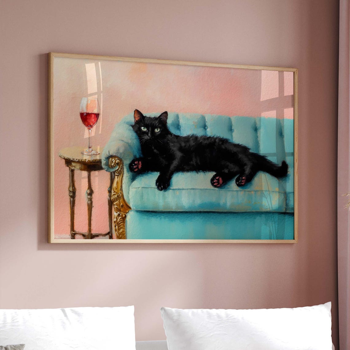 Black Cat Lounging On Turquoise Sofa With Red Wine Glass Poster - Image 2