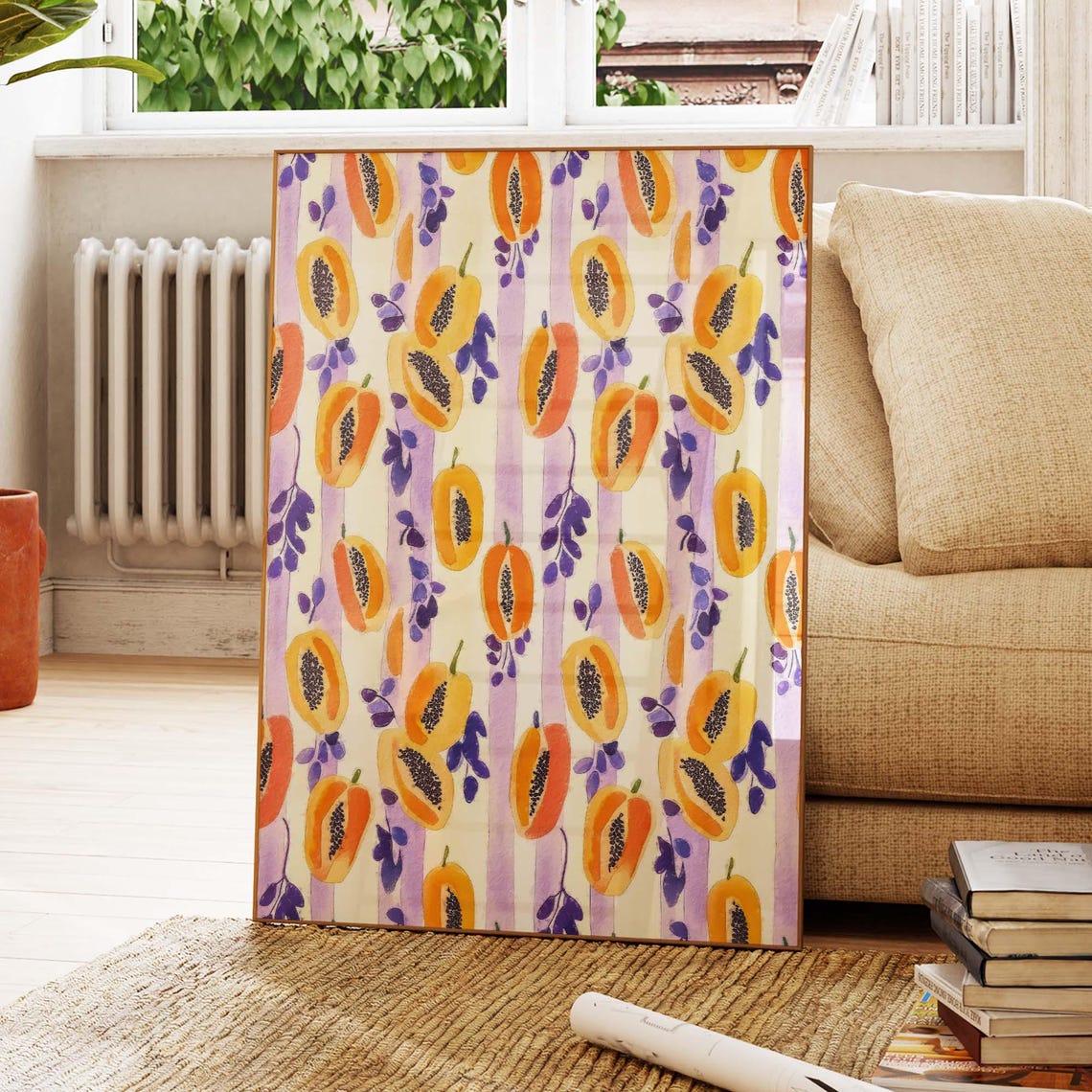 Papaya Slices On Lavender Stripes Tropical Fruit Pattern Poster
