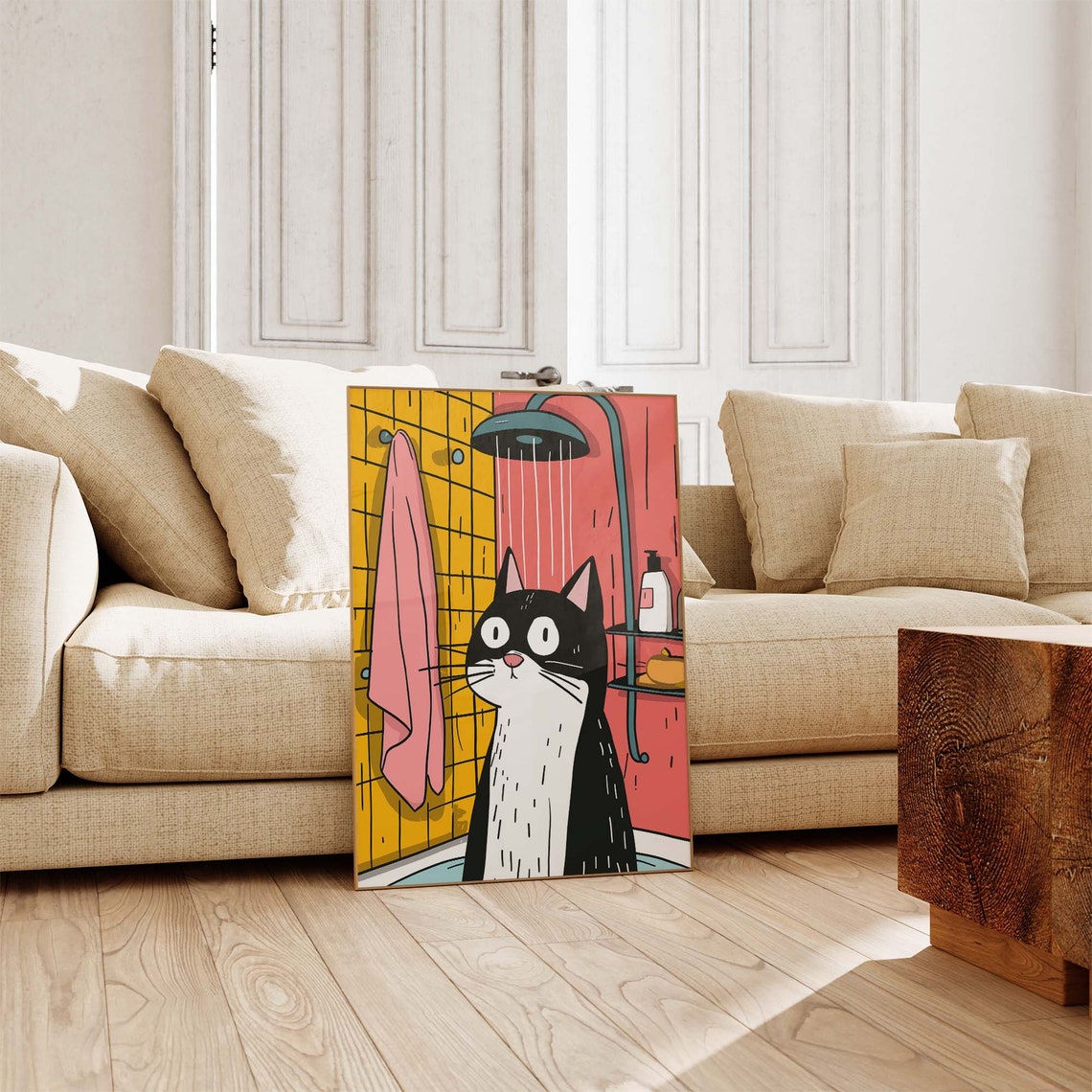 Cartoon Cat Taking A Shower In A Retro Pink Bathroom Funny Poster - Image 4