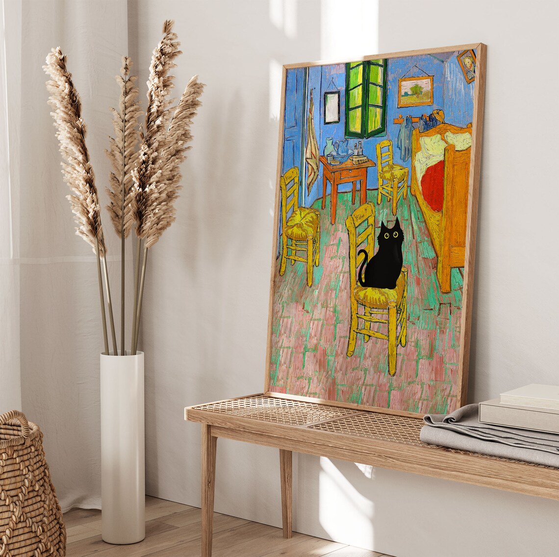 Van Gogh Bedroom Black Cat Sitting On Chair Funny Animal Poster - Image 4