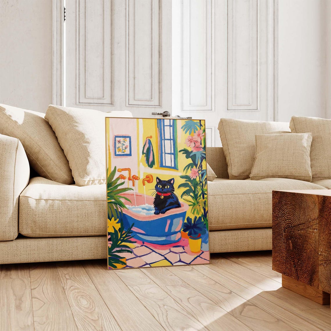 Black Cat Lounging In A Blue Bathtub Tropical Bathroom Poster - Image 3