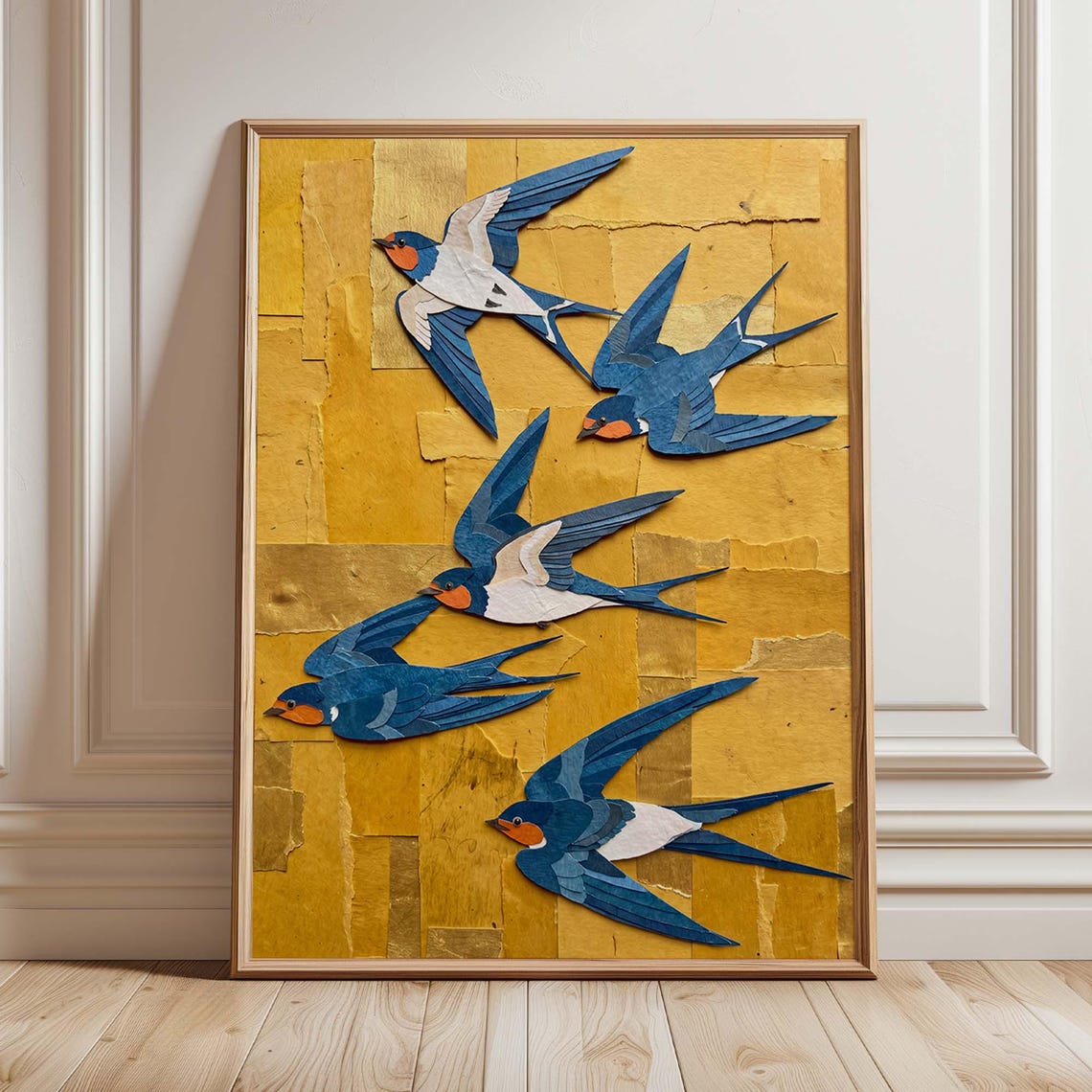 Paper Collage Blue Swallows in Flight Gold Texture Art Poster