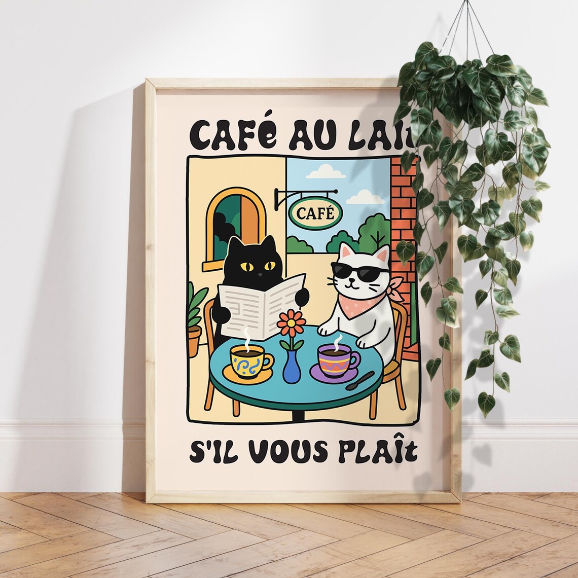 Cafe Au Lait Two Cats French Bistro Scene Funny Kitchen Poster