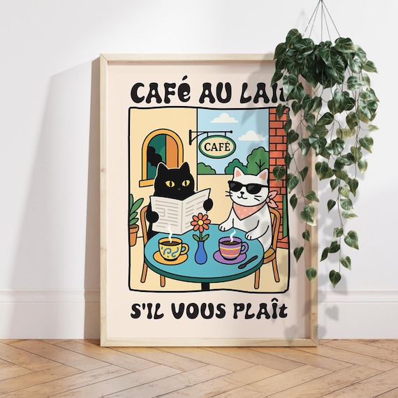 Cafe Au Lait Two Cats French Bistro Scene Funny Kitchen Poster