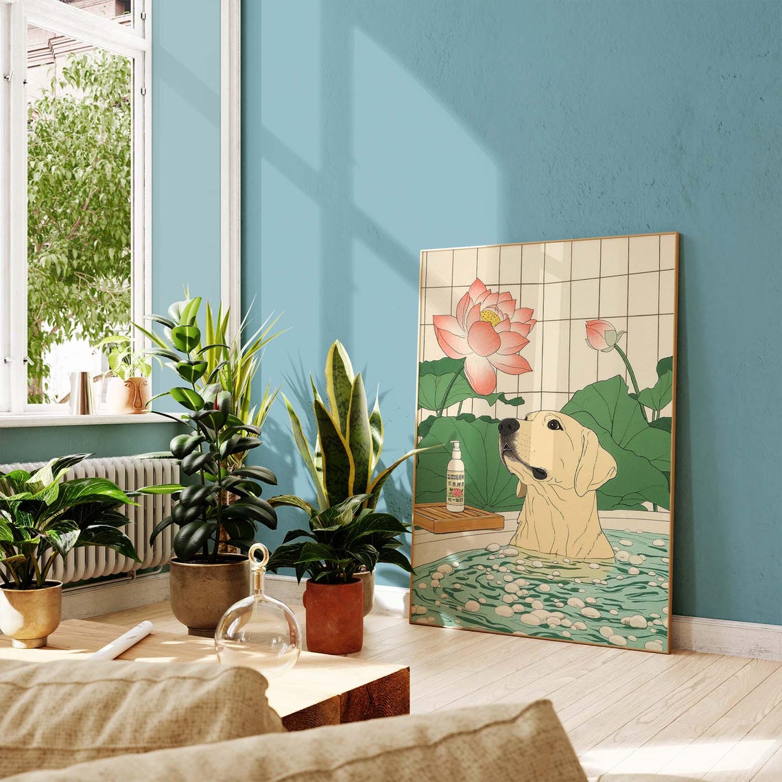 Beige Labrador Relaxing In Onsen Bath Beneath Pink Lotus Poster - Image 2