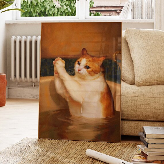 Orange Cat With Paws Up In A Vintage Bathtub Oil Painting Poster