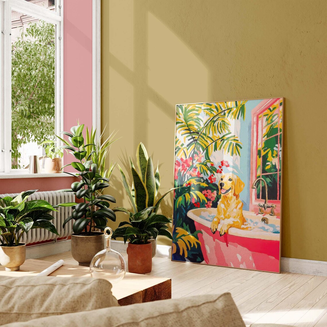 Happy Labrador In Pink Tropical Bathtub With Palm Leaves Poster - Image 2