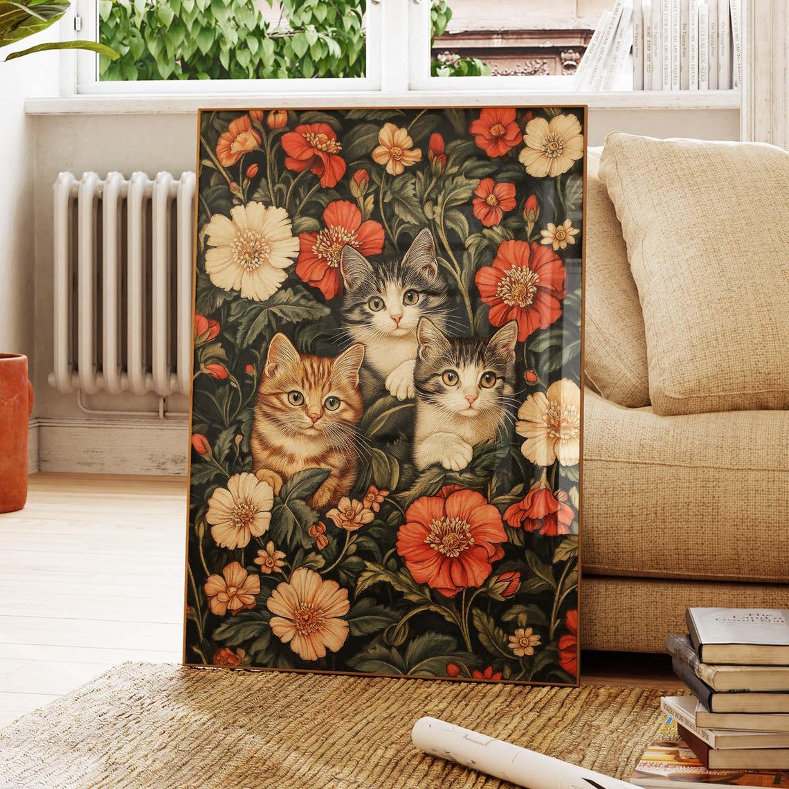 Three Kittens Peeking Through Red Poppies Morris Floral Garden Poster
