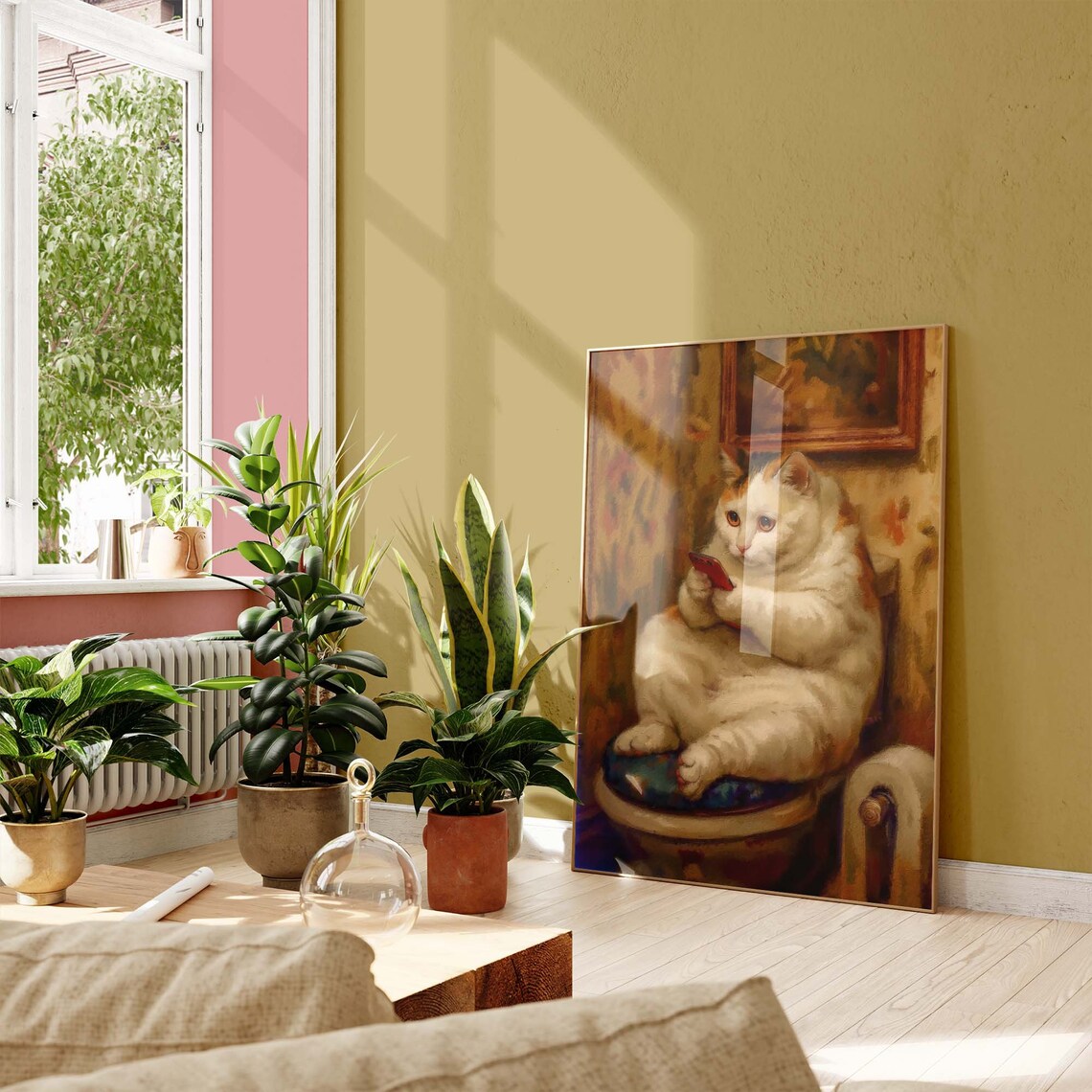 Chubby Cat Sitting On Toilet Scrolling Smartphone Funny Bathroom Poster - Image 3