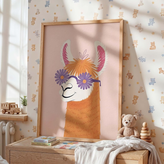 Cute Llama Wearing Flower Sunglasses Boho Pink Nursery Baby Poster