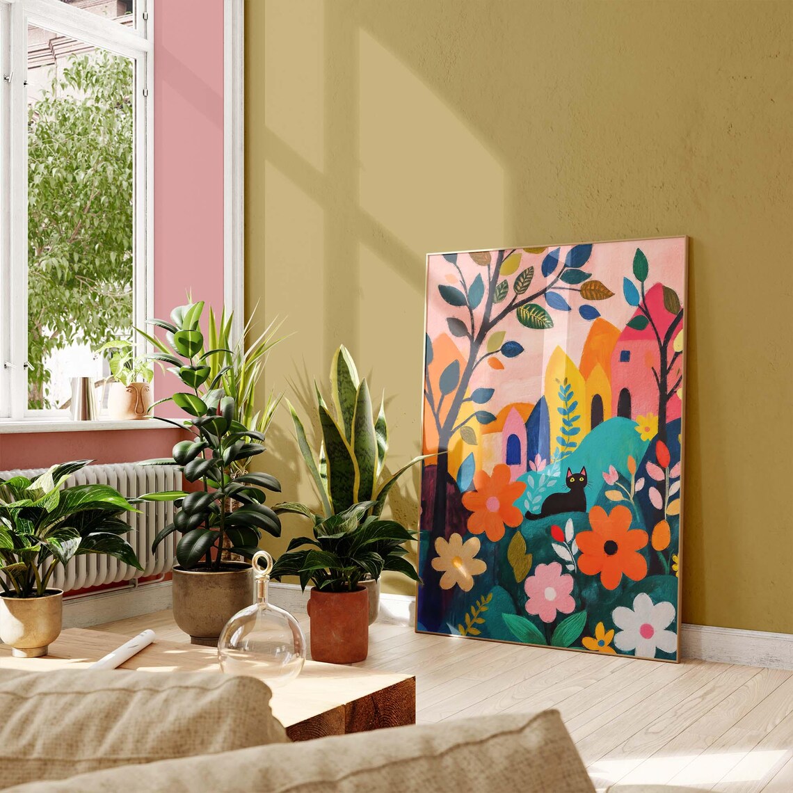 Black Cat in Matisse Style Village Flower Garden Bold Art Poster - Image 3