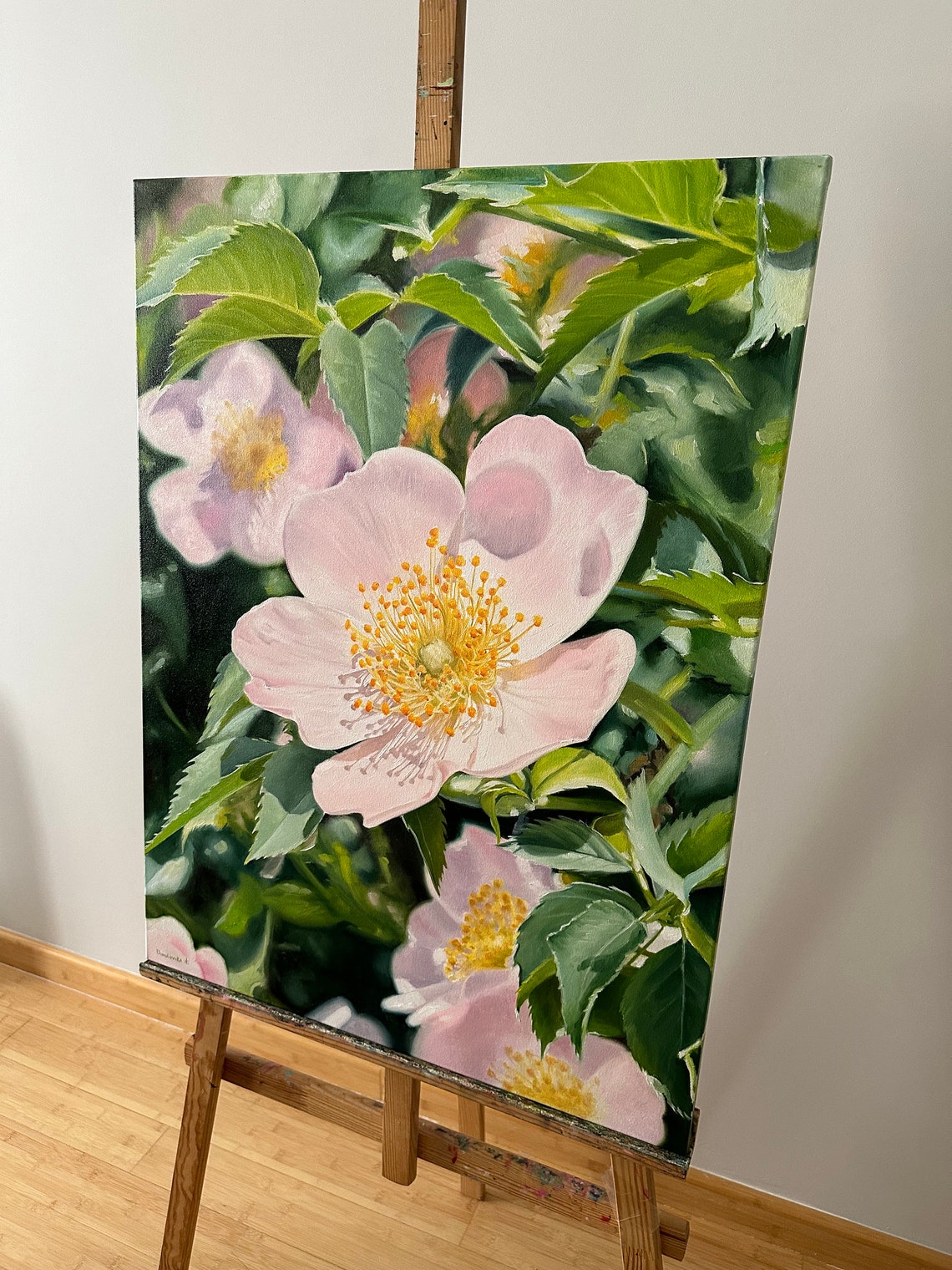 Pink Dog Rose Wildflowers Golden Stamens Macro Flower Oil Wall Art - Image 2