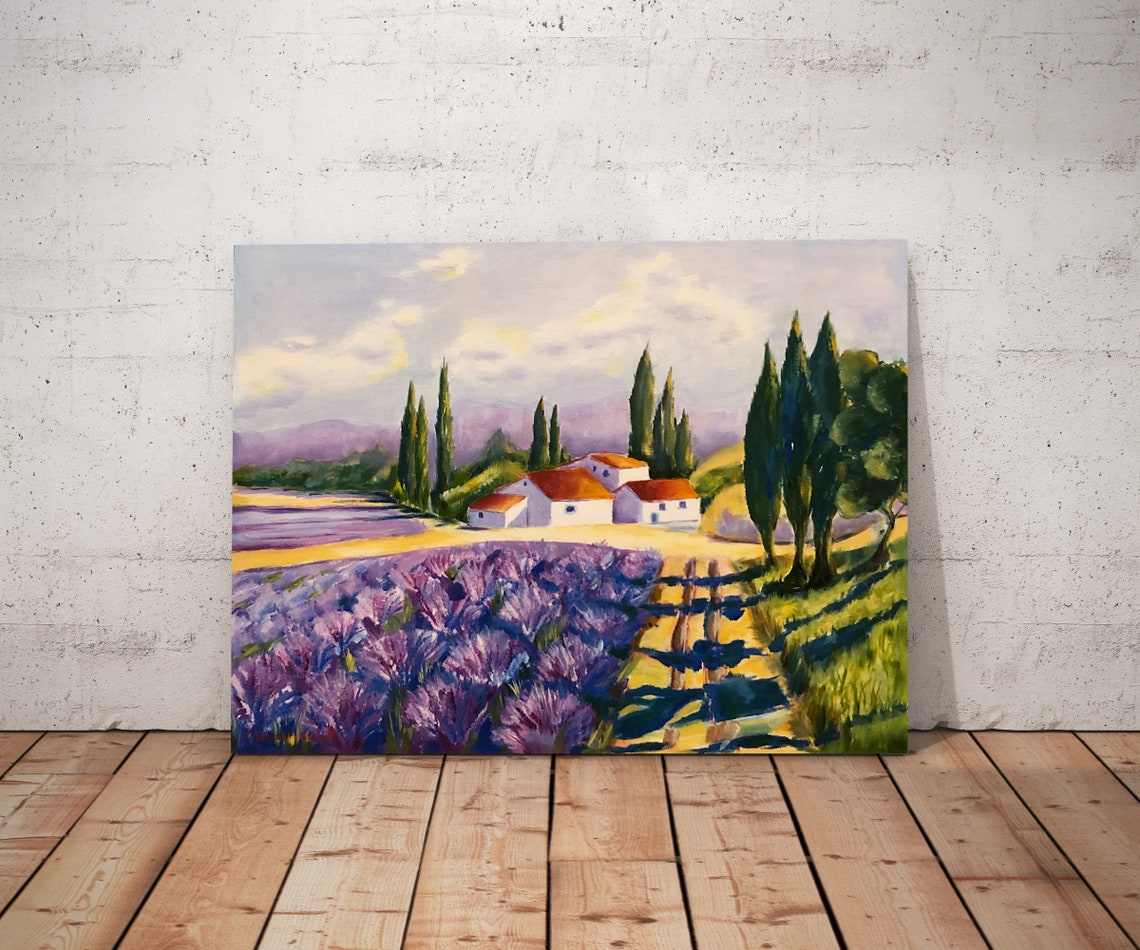 Provence Lavender Fields Farmhouse Cypress Trees Sunset Wall Art