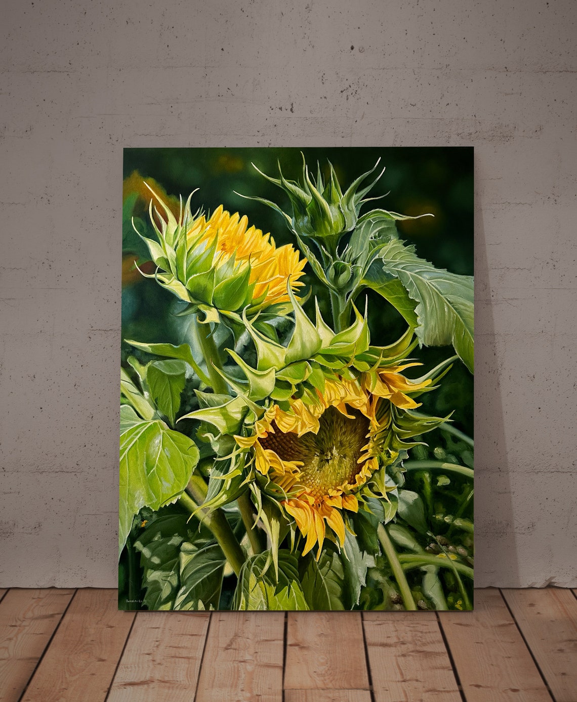 Yellow Sunflower Blooms Green Buds Dark Garden Realistic Oil Wall Art
