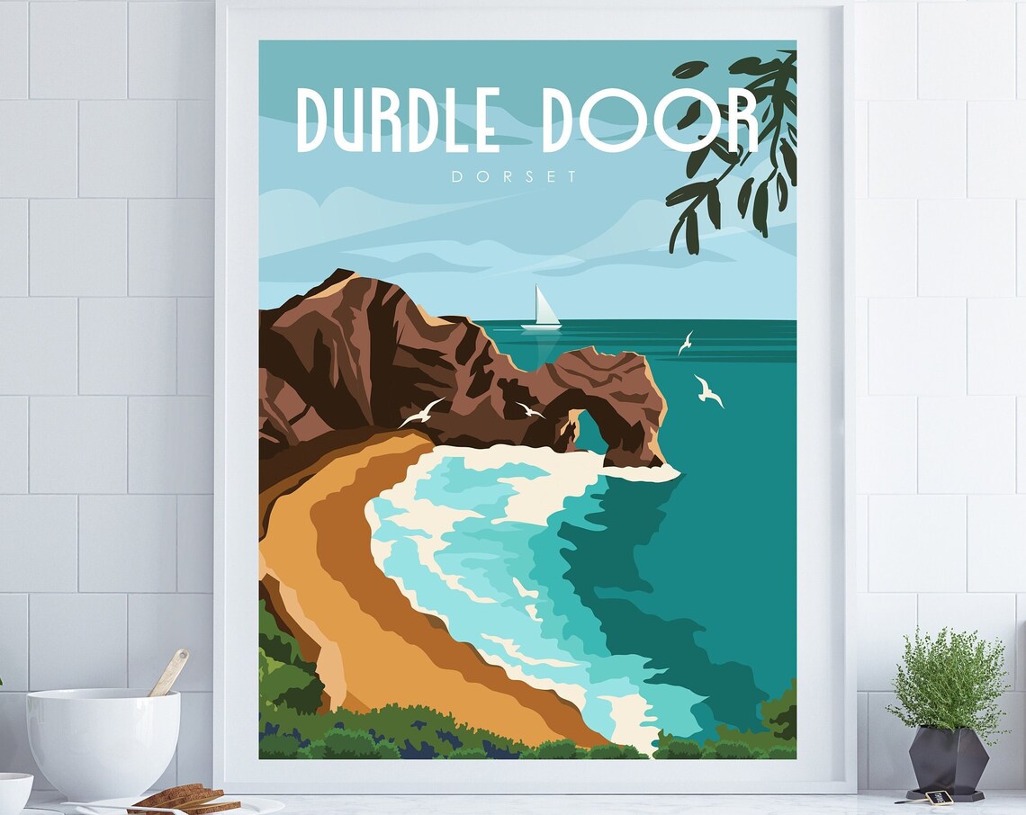 Durdle Door Dorset Coastal Arch Golden Sand Retro Travel Poster
