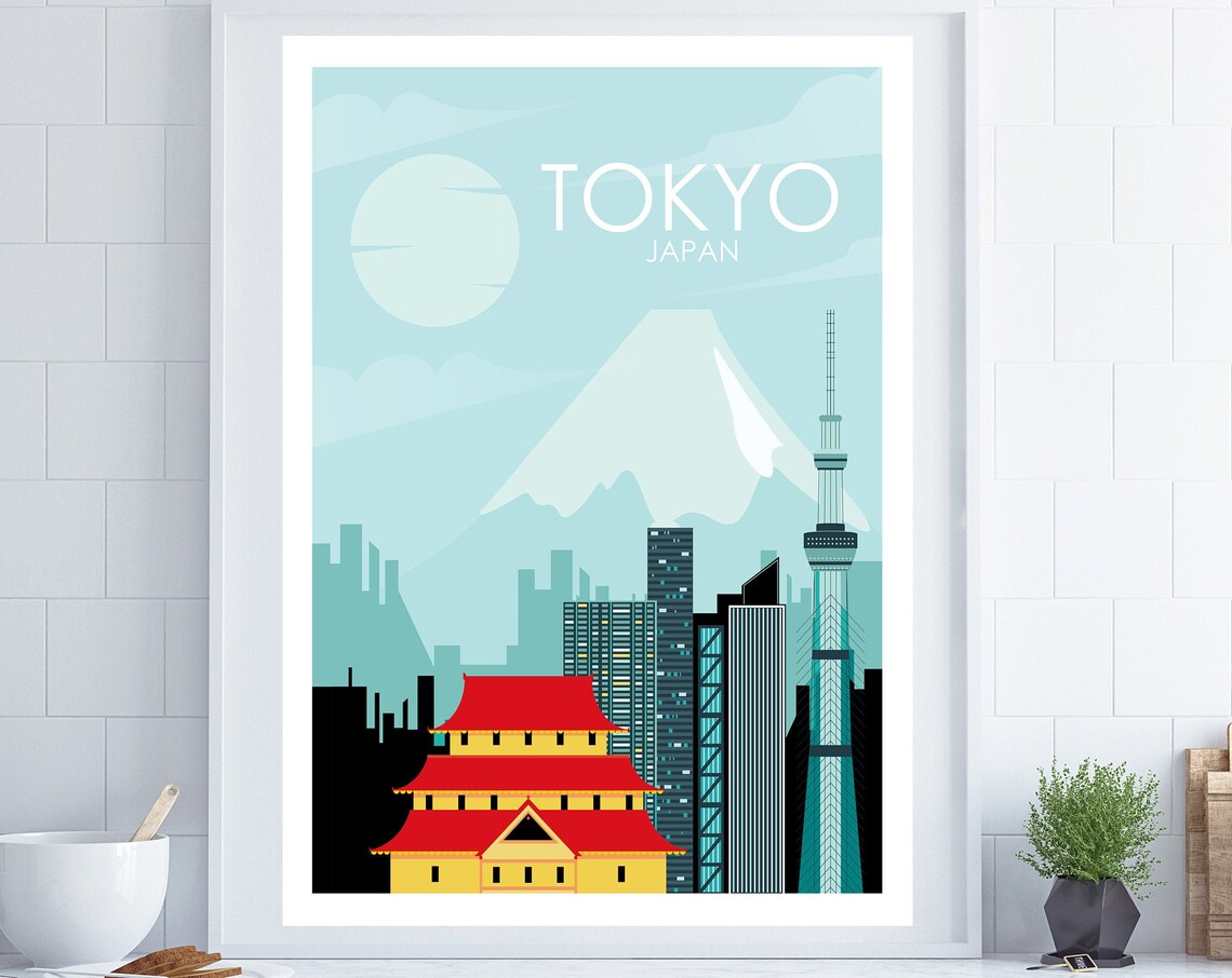 Tokyo Japan Skytree Mount Fuji Retro Cityscape Travel Poster
