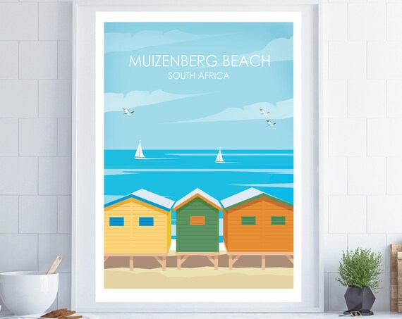 Muizenberg Beach South Africa Huts Retro Seaside Travel Poster