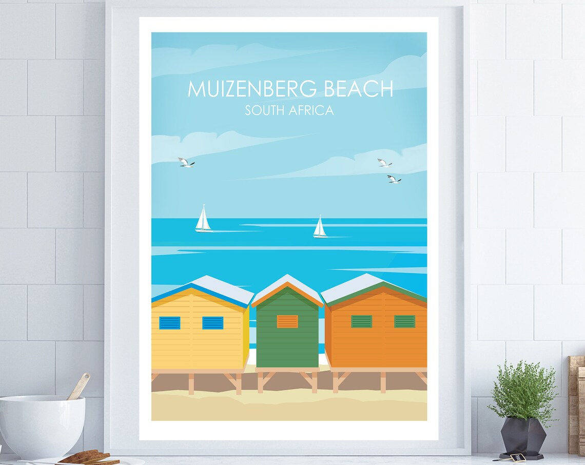 Muizenberg Beach South Africa Huts Retro Seaside Travel Poster