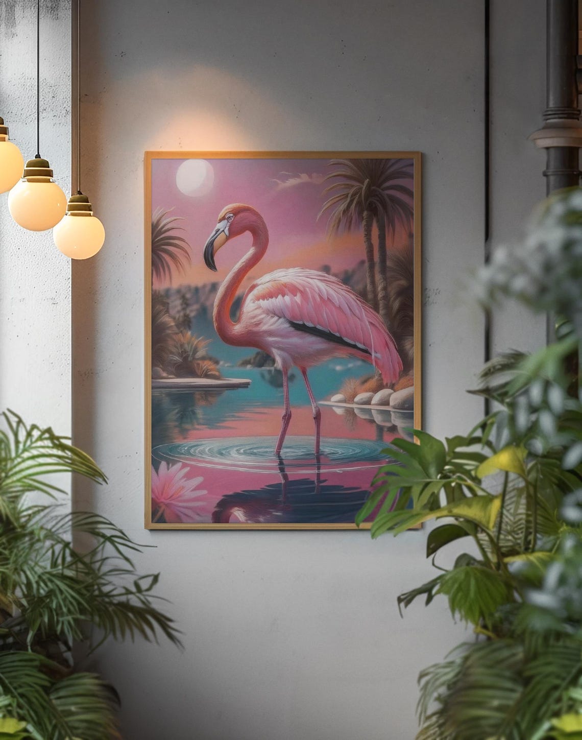 Pink Flamingo At Sunset Over Water Tropical Palm Trees Poster