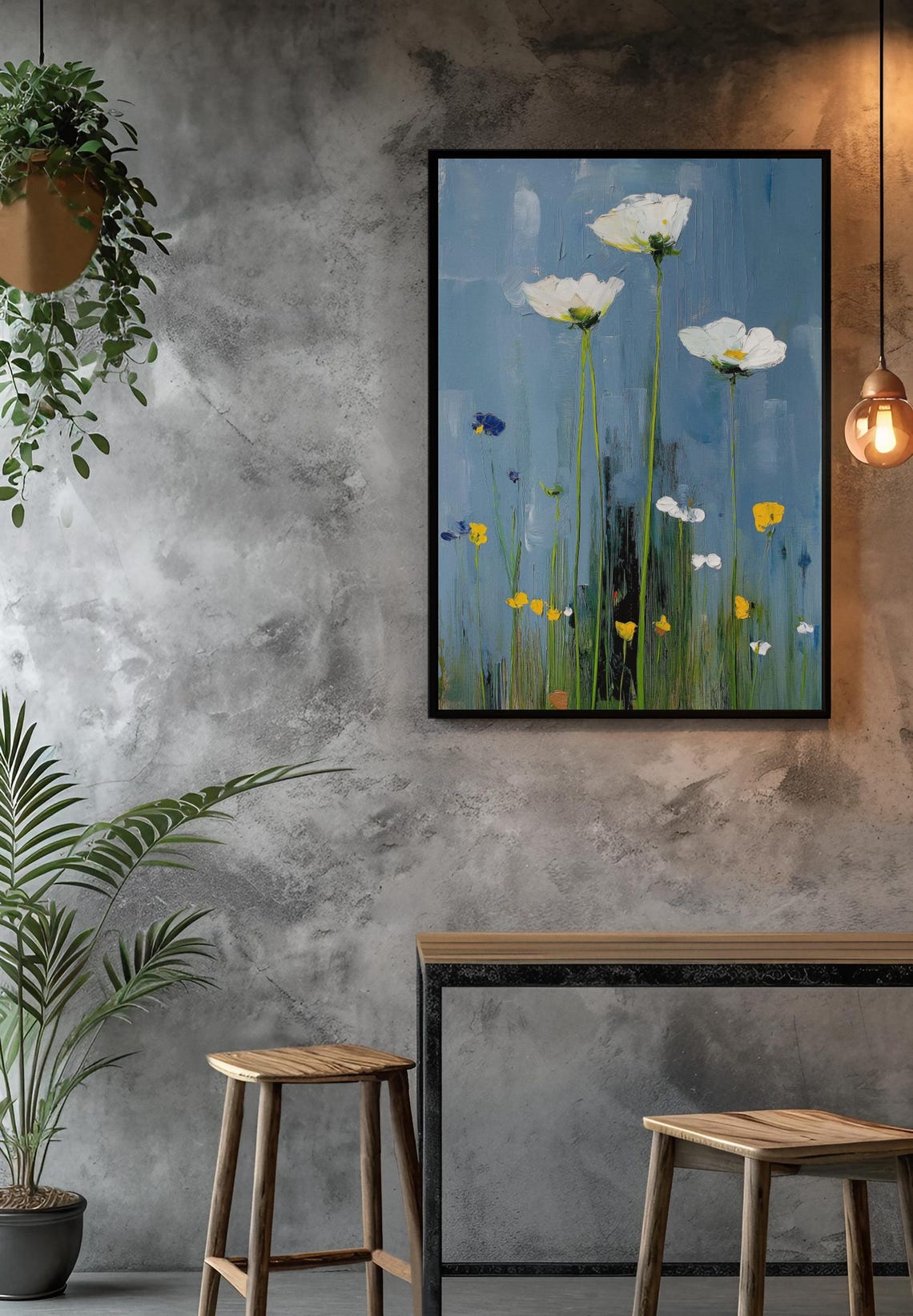 White Wildflowers On Blue Abstract Minimalist Floral Art Poster - Image 3