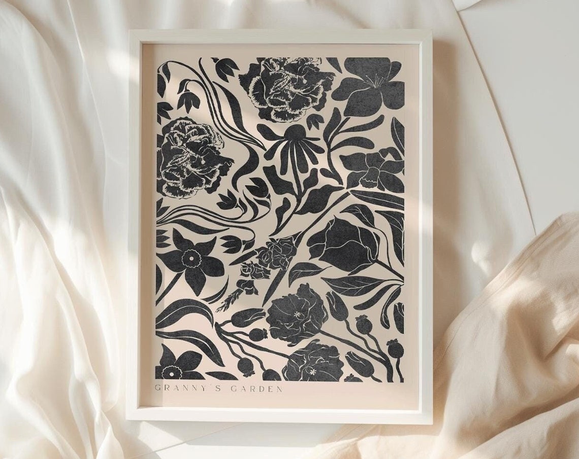 Grannys Garden Monochrome Black White Floral Botanical Poster