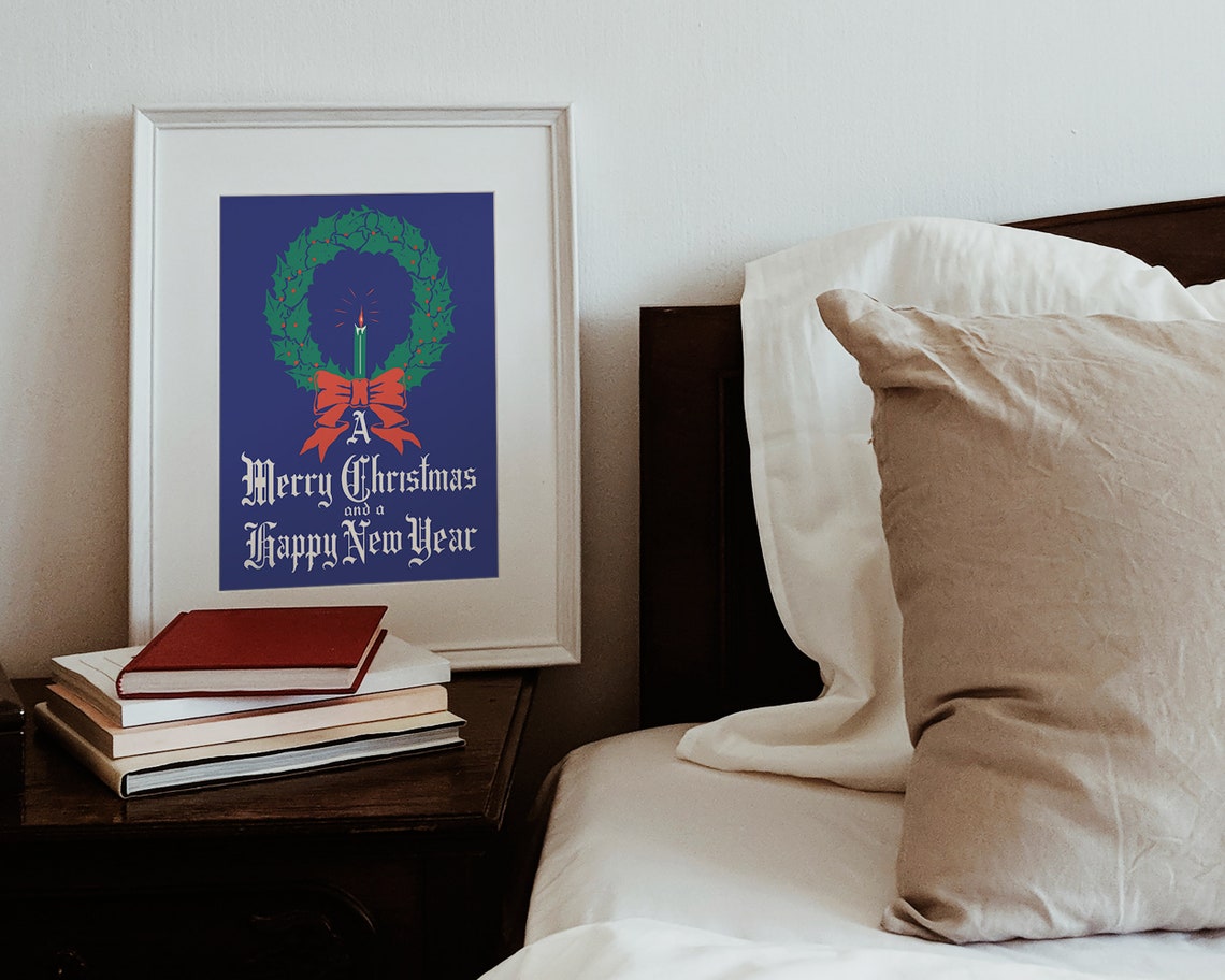 A Merry Christmas and Happy New Year Navy Holiday Wreath Poster - Image 2