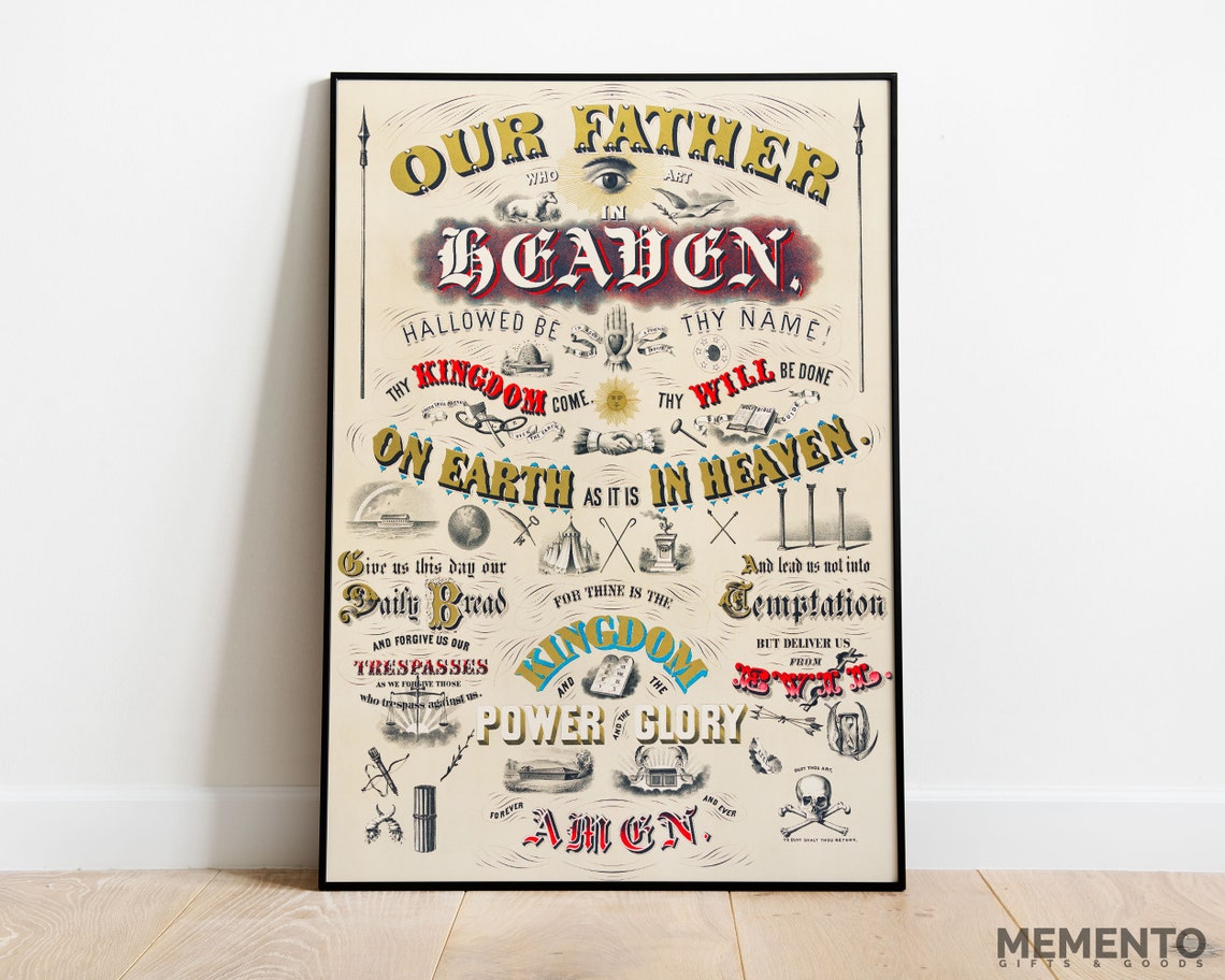 Our Father Lords Prayer Vintage Lettering Christian Faith Poster