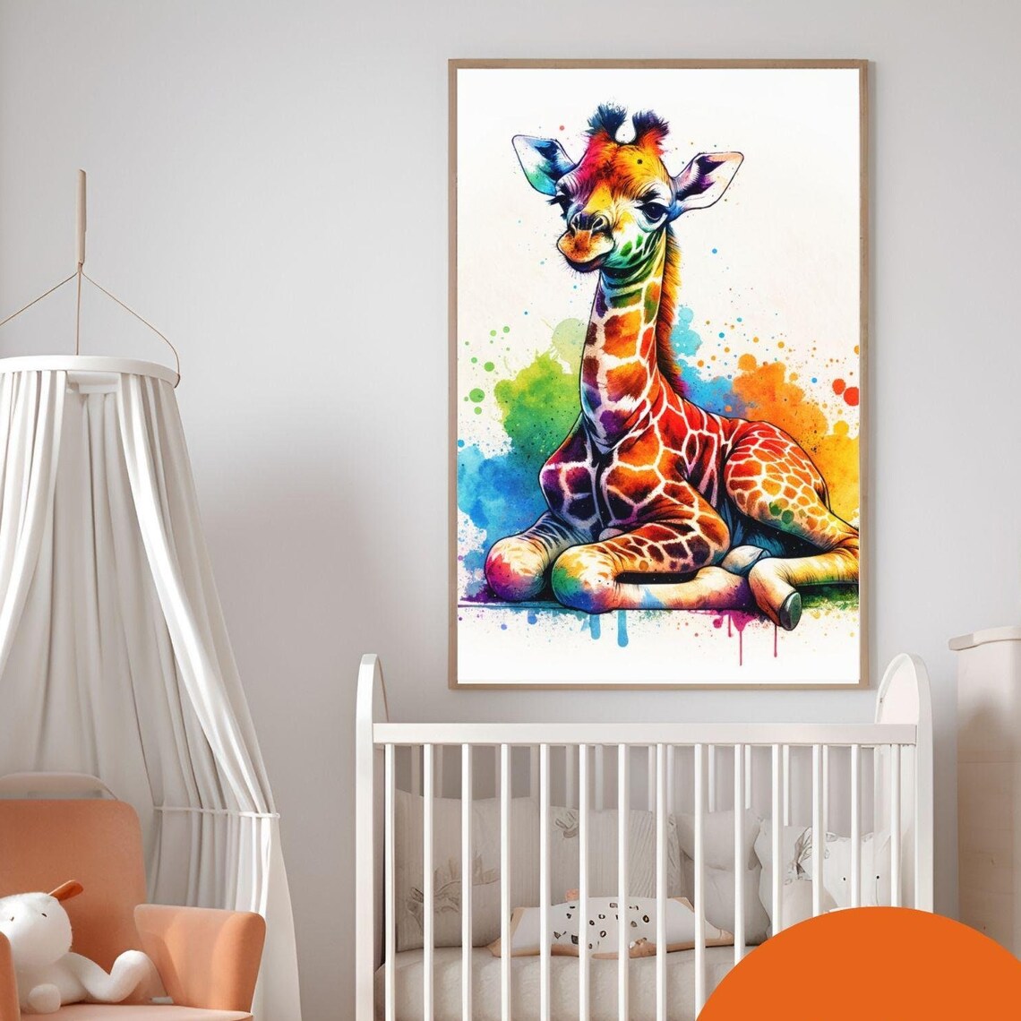 Colorful Watercolor Baby Giraffe Splash Nursery Animal Wall Poster