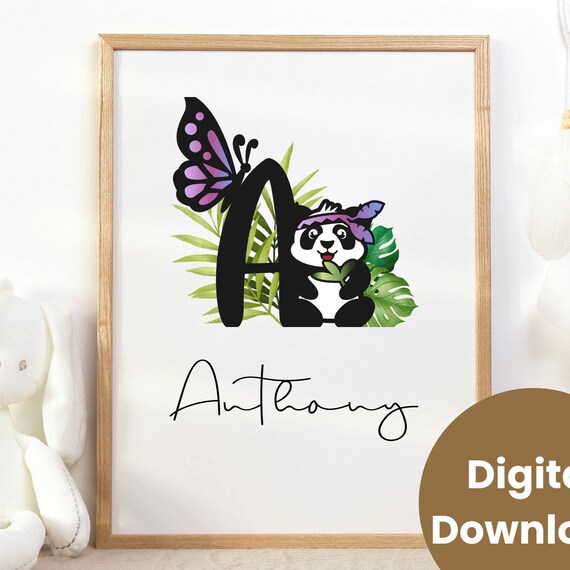 Panda and Butterfly Personalized Letter A Nursery Name Digital Poster