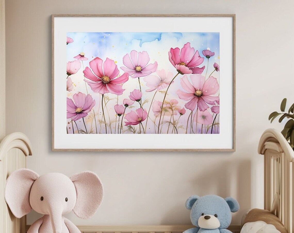 Pink Flowers Art Print, Watercolor Floral Nursery