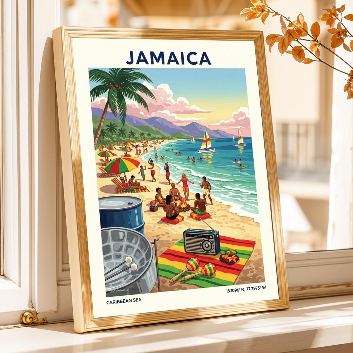 Jamaica Caribbean Sea Beach Steel Drums Island Travel Poster