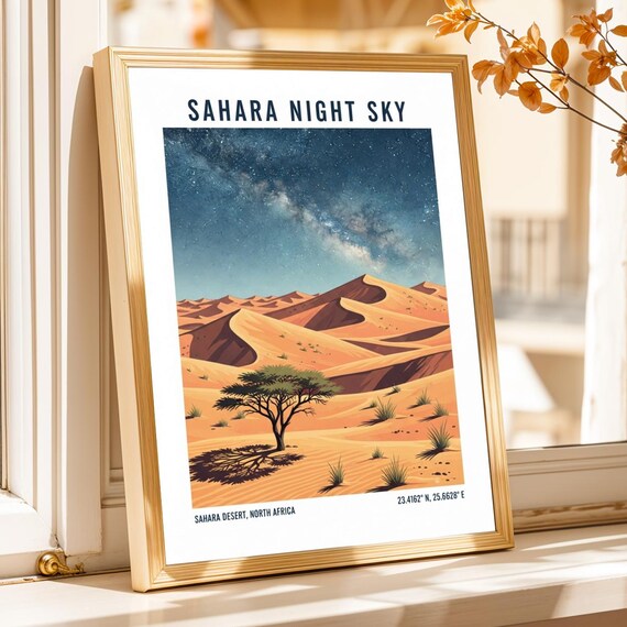 Sahara Desert Starry Night Print Vintage Gouache Landscape Art