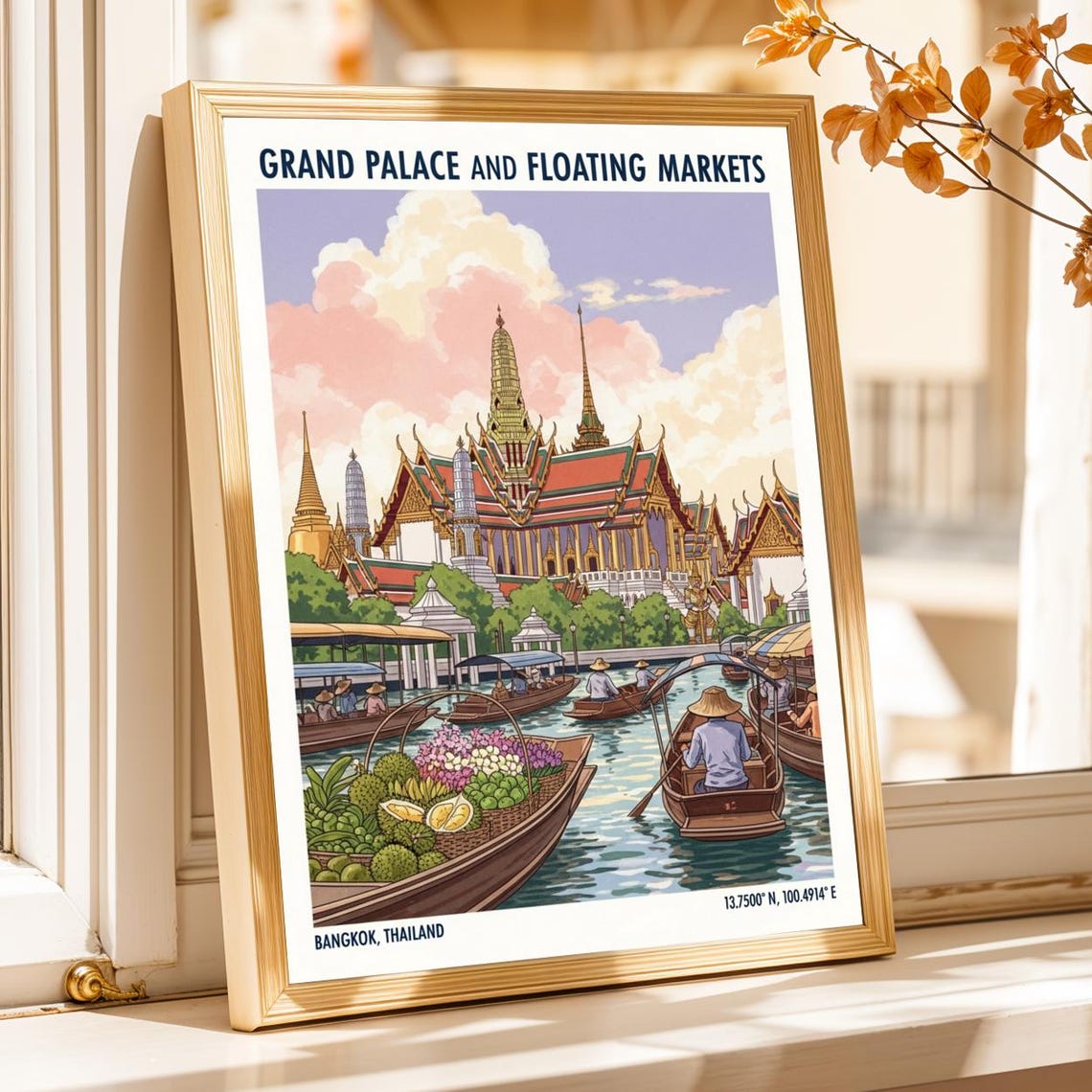 Grand Palace and Floating Markets Bangkok Thailand Retro Travel Poster