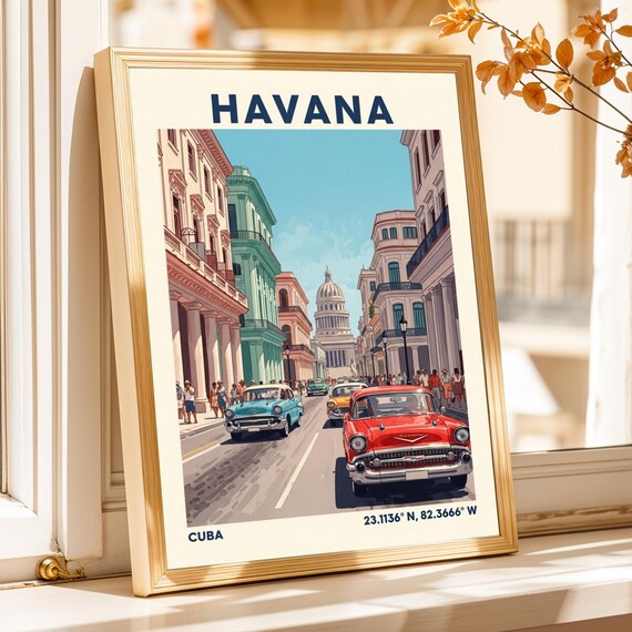 Havana Vintage Car Gouache Print Cuban Cityscape Travel Art