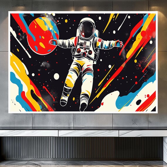 Vintage Astronaut Pop Art Cosmic Galaxy Floating Colorful Wall Print