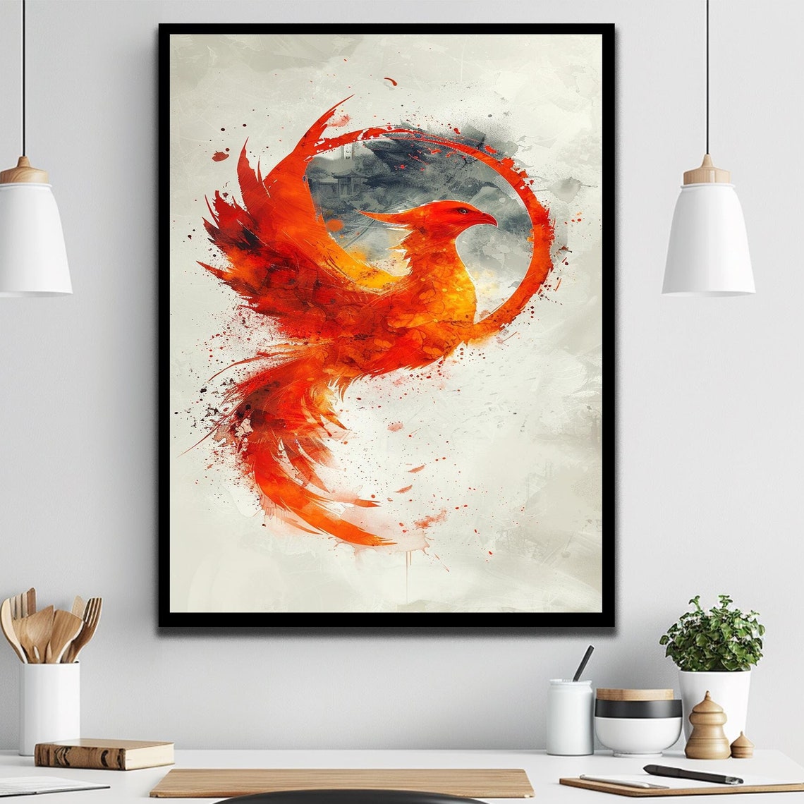 Fiery Red Phoenix Watercolor Circle Mythology Bird Art Poster