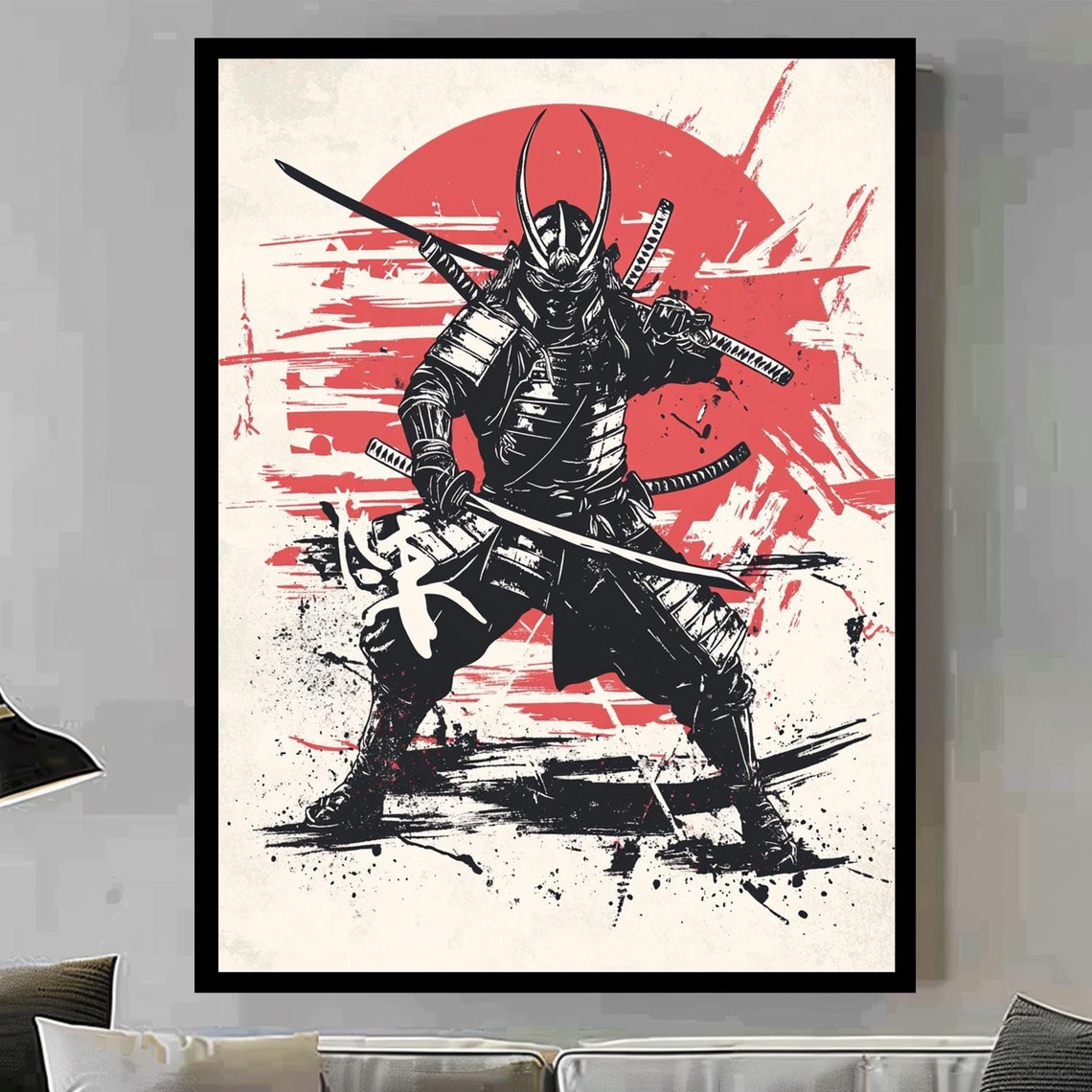 Samurai Warrior Katana Red Sun Ink Brush Japanese Bushido Art Poster