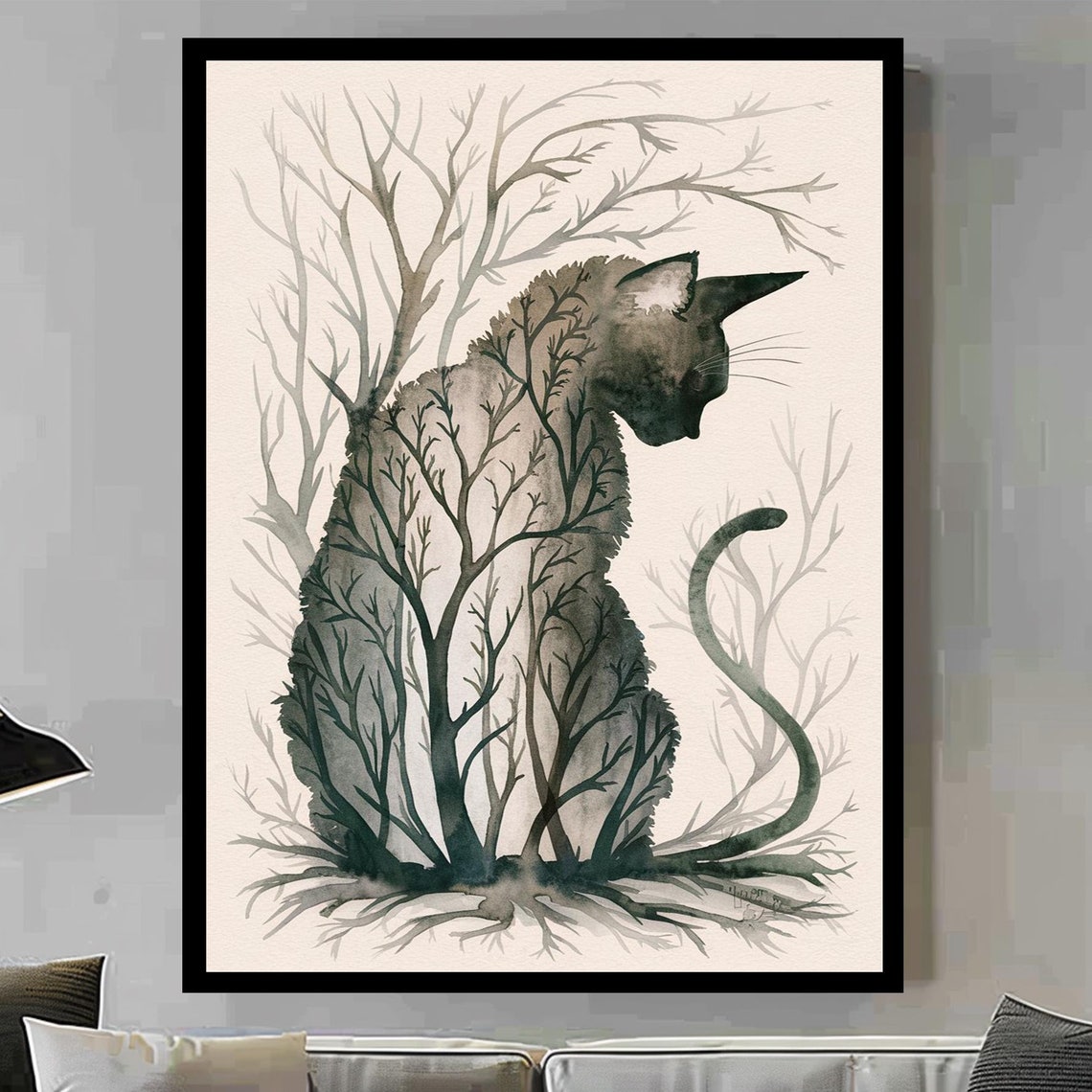 Black Cat Double Exposure Watercolor Tree Silhouette Art Print