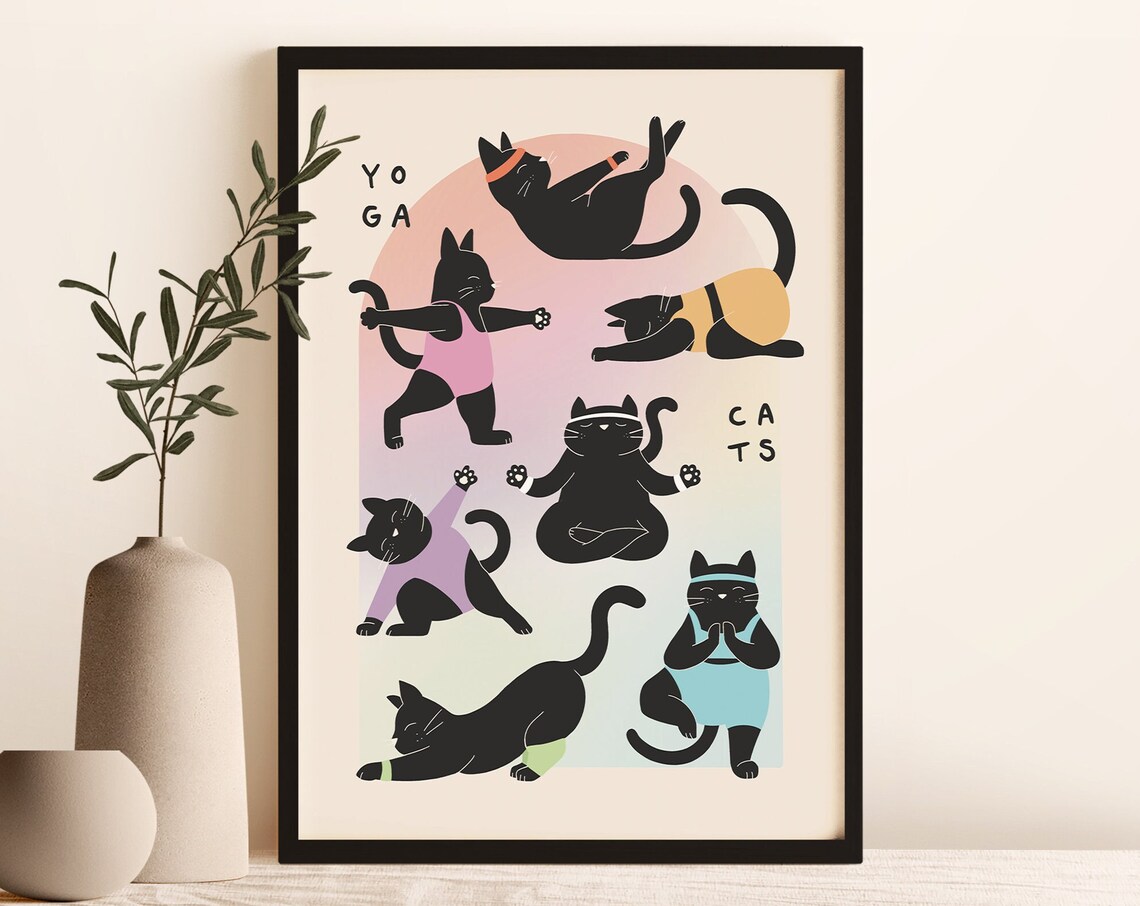 Cat Yoga Poses Collage, Minimalist Bohemian Art Print